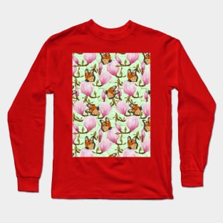 Magnolia Flowers With Butterflies On Green Background Long Sleeve T-Shirt